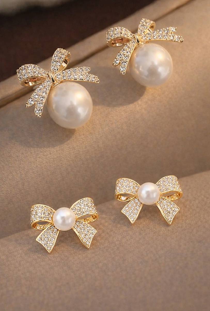 BERTHELE (Combo of 2)Small Alloy Gold-Plated Korean Partywear Zircon Earrings Alloy Stud Earring, Drops & Danglers, Earring Set — photo 2