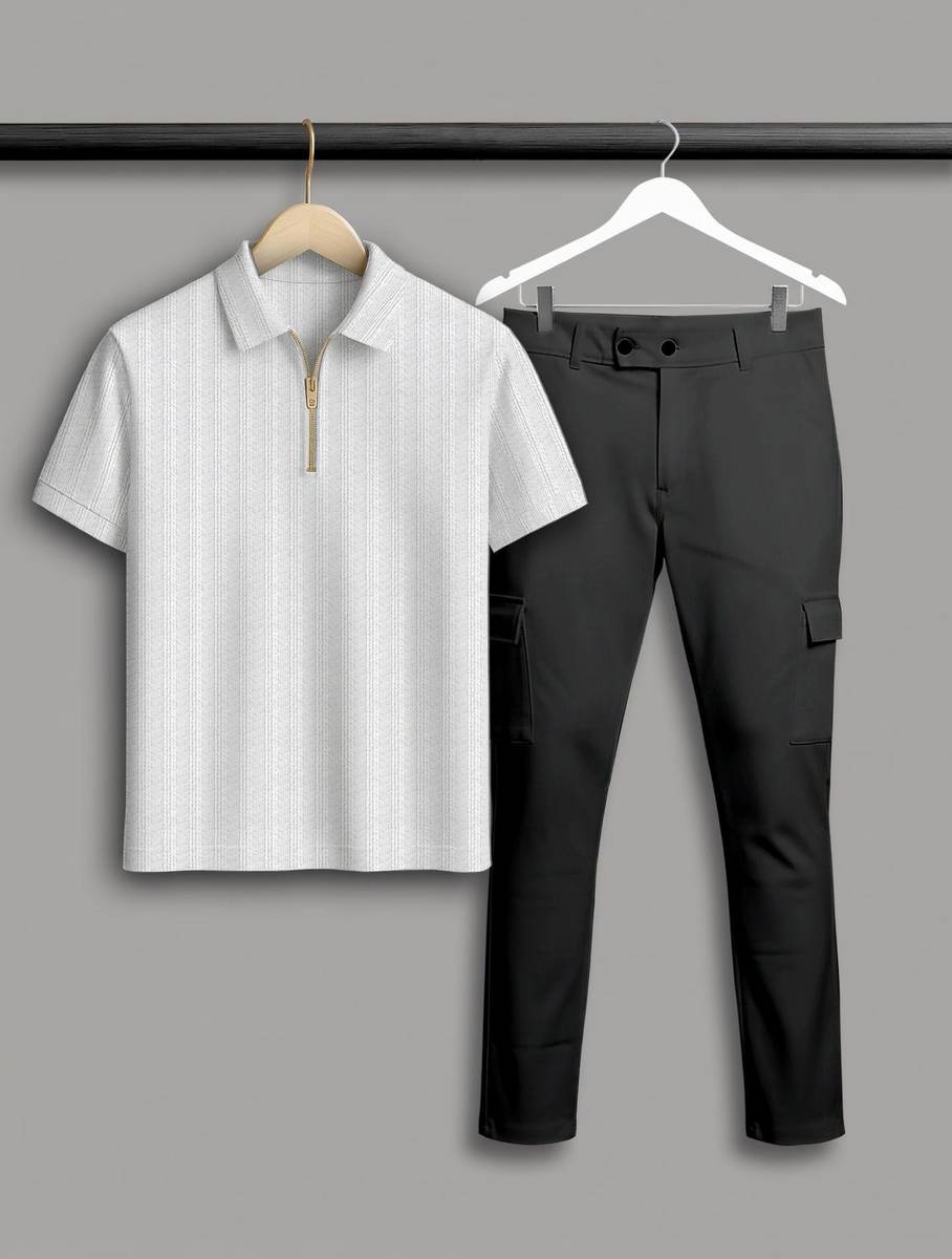 COMBRAIDED Self Design Men Polo Neck White, Black T-Shirt — photo 4