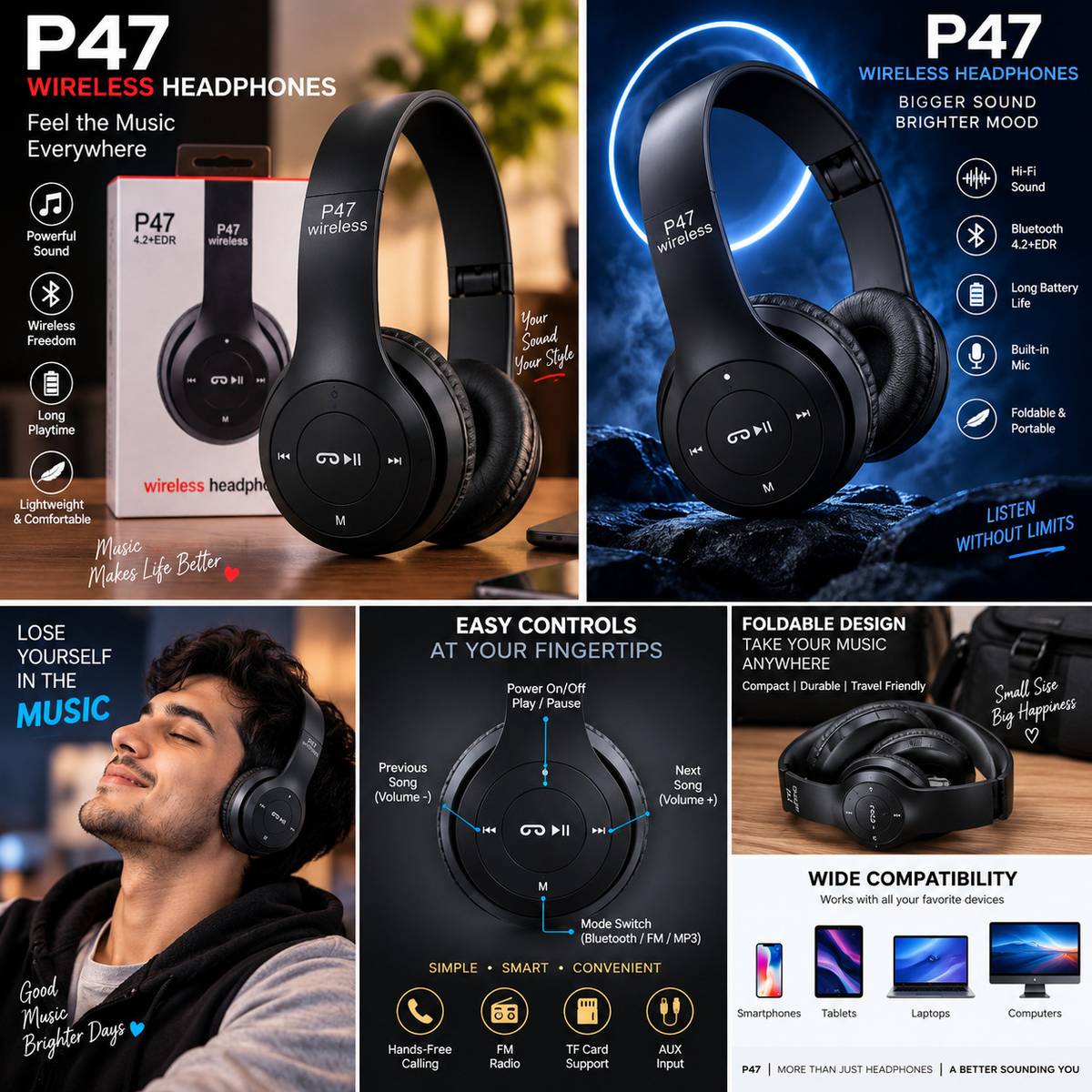 WHITE-P47 HEADPHONE-OO1 Bluetooth without Mic — photo 2