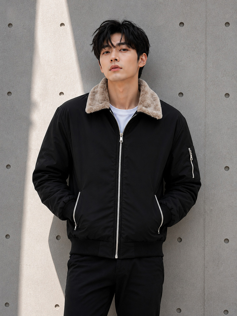 ZEPPI Shearling Fur Collar Bomber Jacket