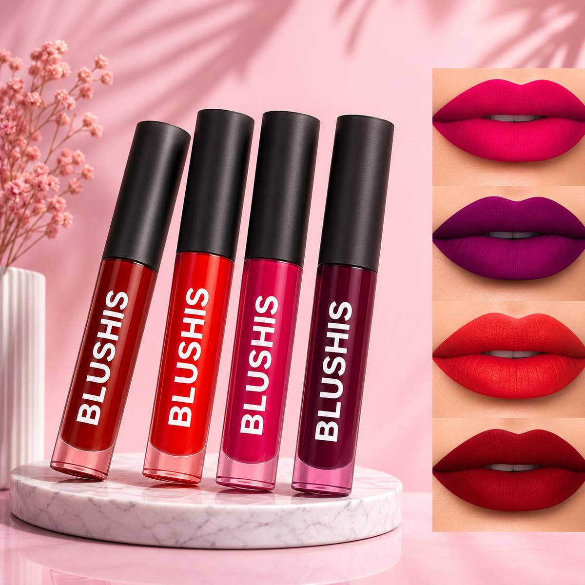BLUSHIS Non Transfer Insta Beauty Waterproof Longlast SensationaL Liquid Matte Mini Lipstick Combo Pack Of 4 Red ,Purple Maroon and Magenta Colour Shade — photo 6