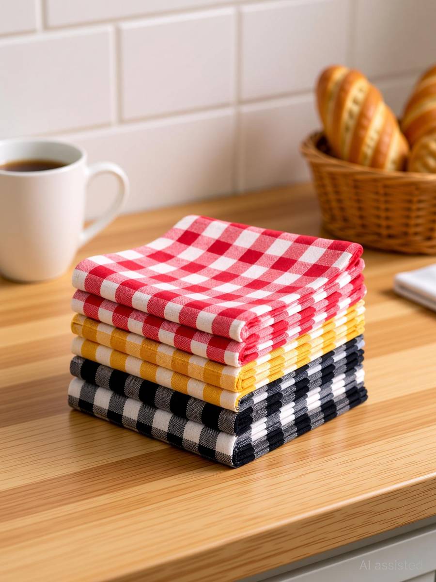 UNIVERSAL GOODS Cotton Kitchen Towels Pack of 6 | 59x59 cm | Checked Dish Cloths 3-Different-colors Cloth Napkins — photo 6