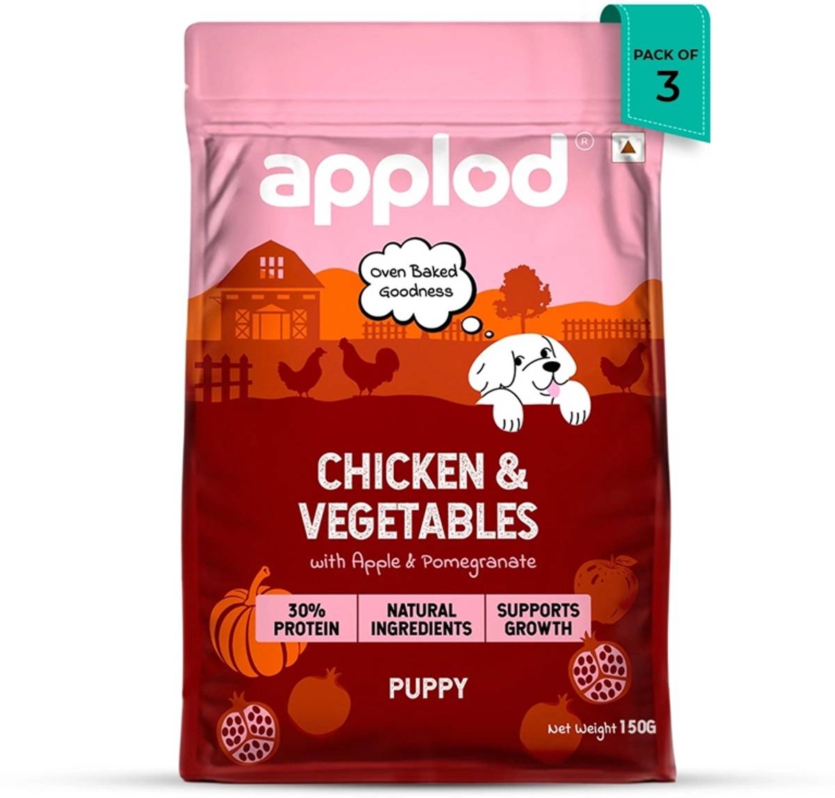 Applod Chicken & Vegetables with Apple & Pomegranate Dry Dog Food for Puppies-Pack of 3 Chicken 0.45 kg (3x0.15 kg) Dry Young Dog Food — photo 6
