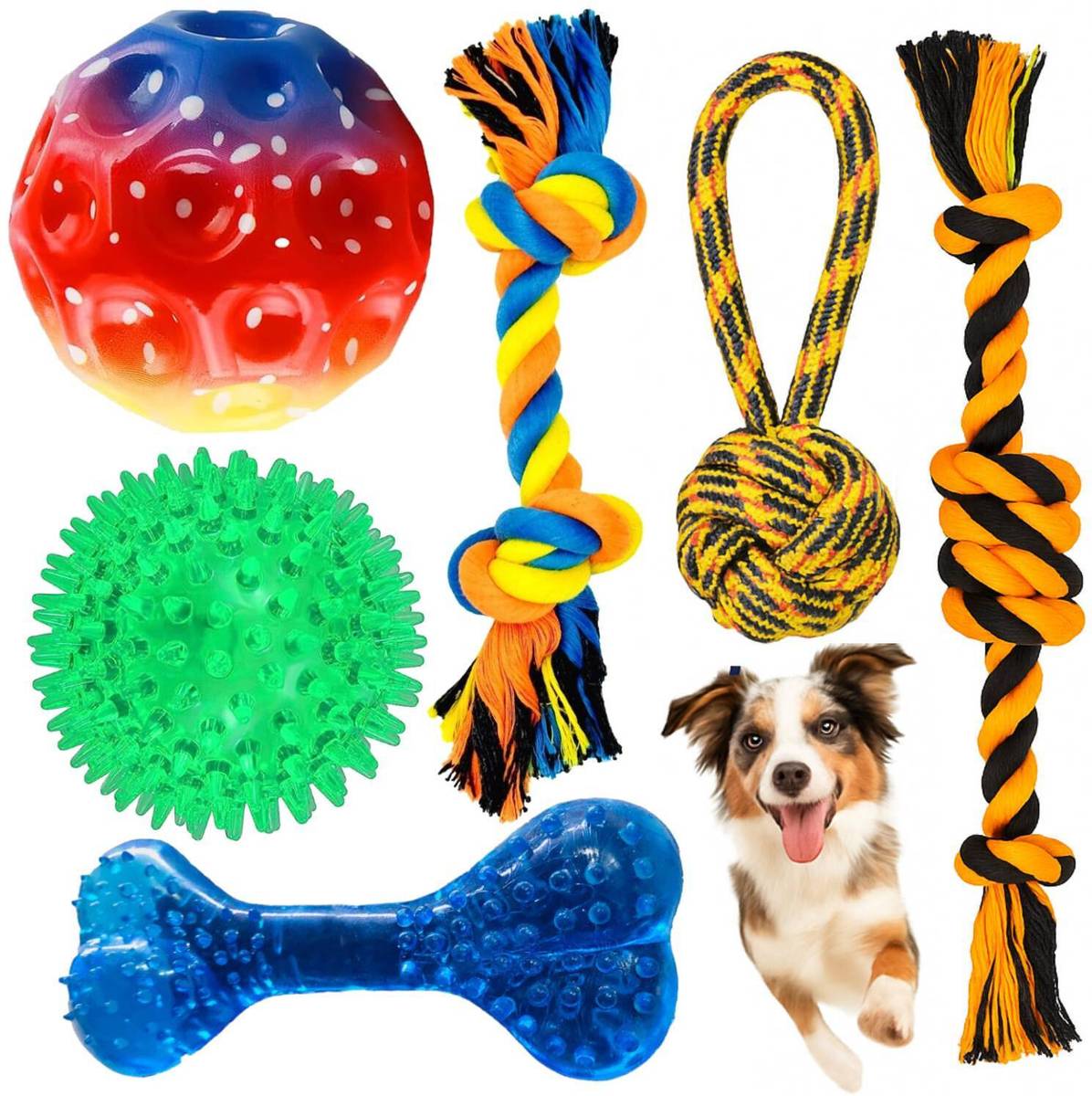 PETZLUV YOUHAVEDEAL 6 in 1 Chew & Tug Dog Toy Combo Set with LED Spike Ball & Rope Toys Cotton Bone, Ball, Squeaky Toy, Chew Toy, Fetch Toy, Training Aid, Tug Toy For Dog — photo 6