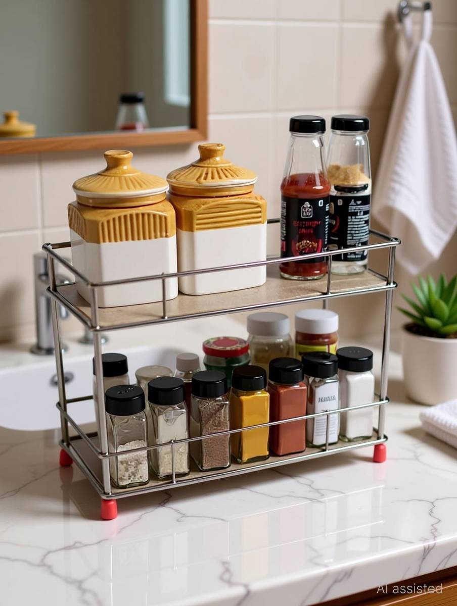 NAKUA Utensil Kitchen Rack Steel 2-Tier Standing Spice Rack Storage Organizer, Bathroom Count — photo 6