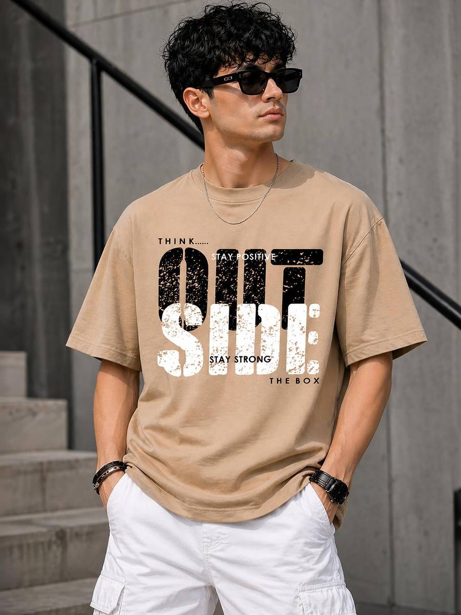 Typography Men Round Neck Beige T-Shirt — photo 6