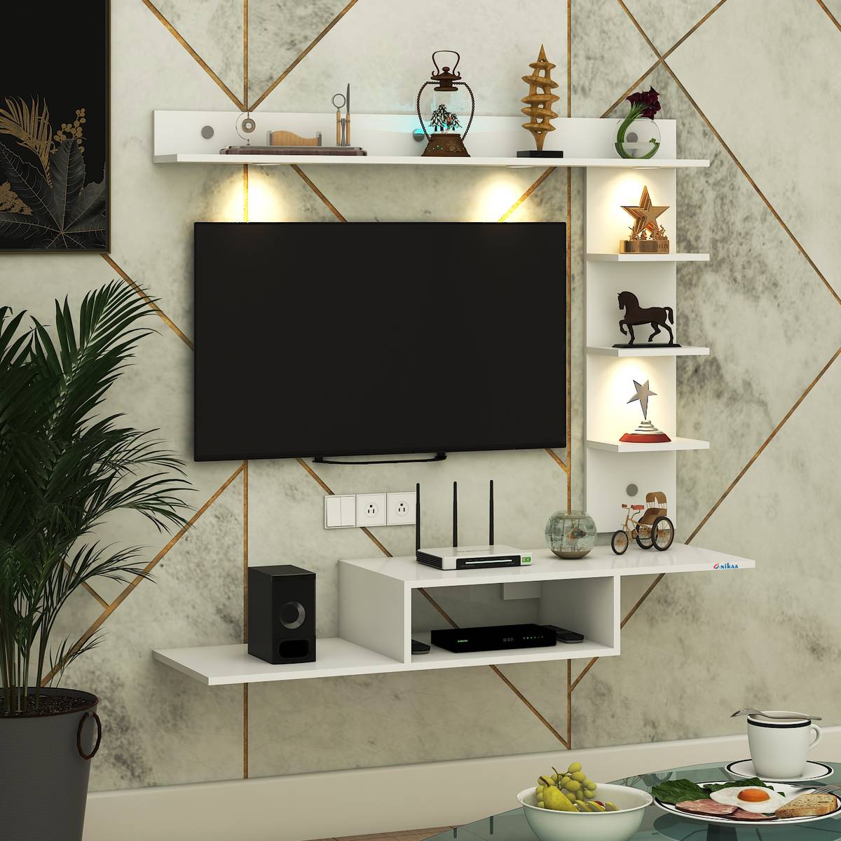 FURNIWUD Wintor Wall Mounted TV Unit with 4 LED Lights, Storage Box & Decorative Shelf Engineered Wood TV Entertainment Unit — photo 6