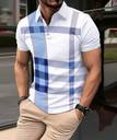 EyeBogler 
Men Striped Polo Neck Cotton Blend White, Blue T-Shirt