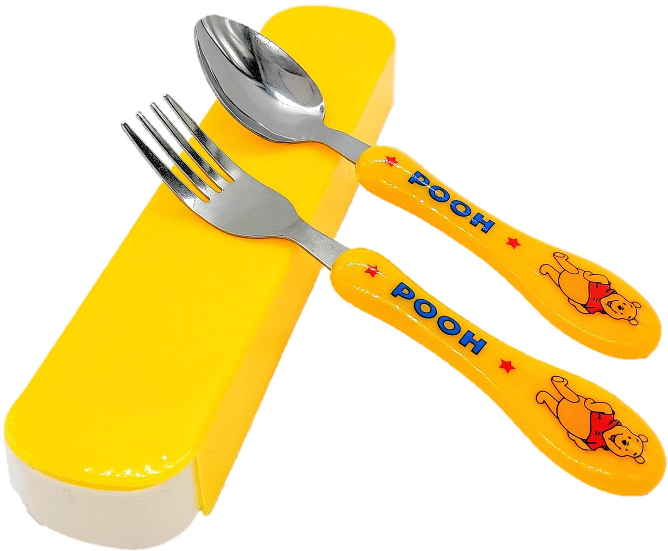 Spoon & Fork Set - Stainless Steel with Carry Case for Kids with Cute Character (Yellow) Steel, Plastic Cutlery Set (Pack of 1)