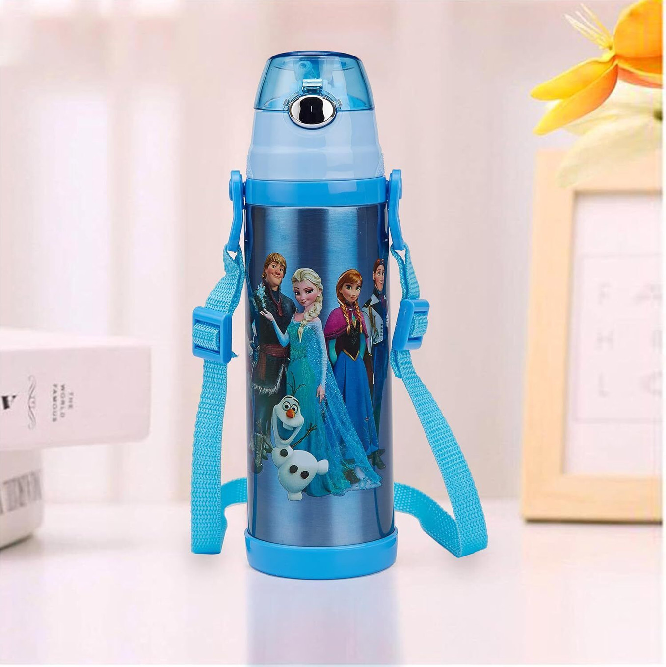 Cartoon Design Water Bottle for Kids - Bottle, Double-Wall with Straw 500 ml Stainless Steel Bottle (Pack of 1, Blue)