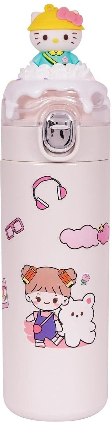 Stainless Steel Water Bottle 3D Kitty Top Cartoon Gift for Kids for School 400 ml Stainless Steel Bottle (Pack of 1, Pink)