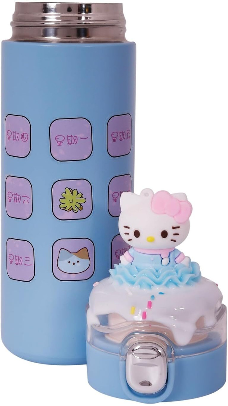 Stainless Steel Water Bottle 3D Kitty Top Cartoon Gift for Kids for School 400 ml Stainless Steel Bottle (Pack of 1, Blue)