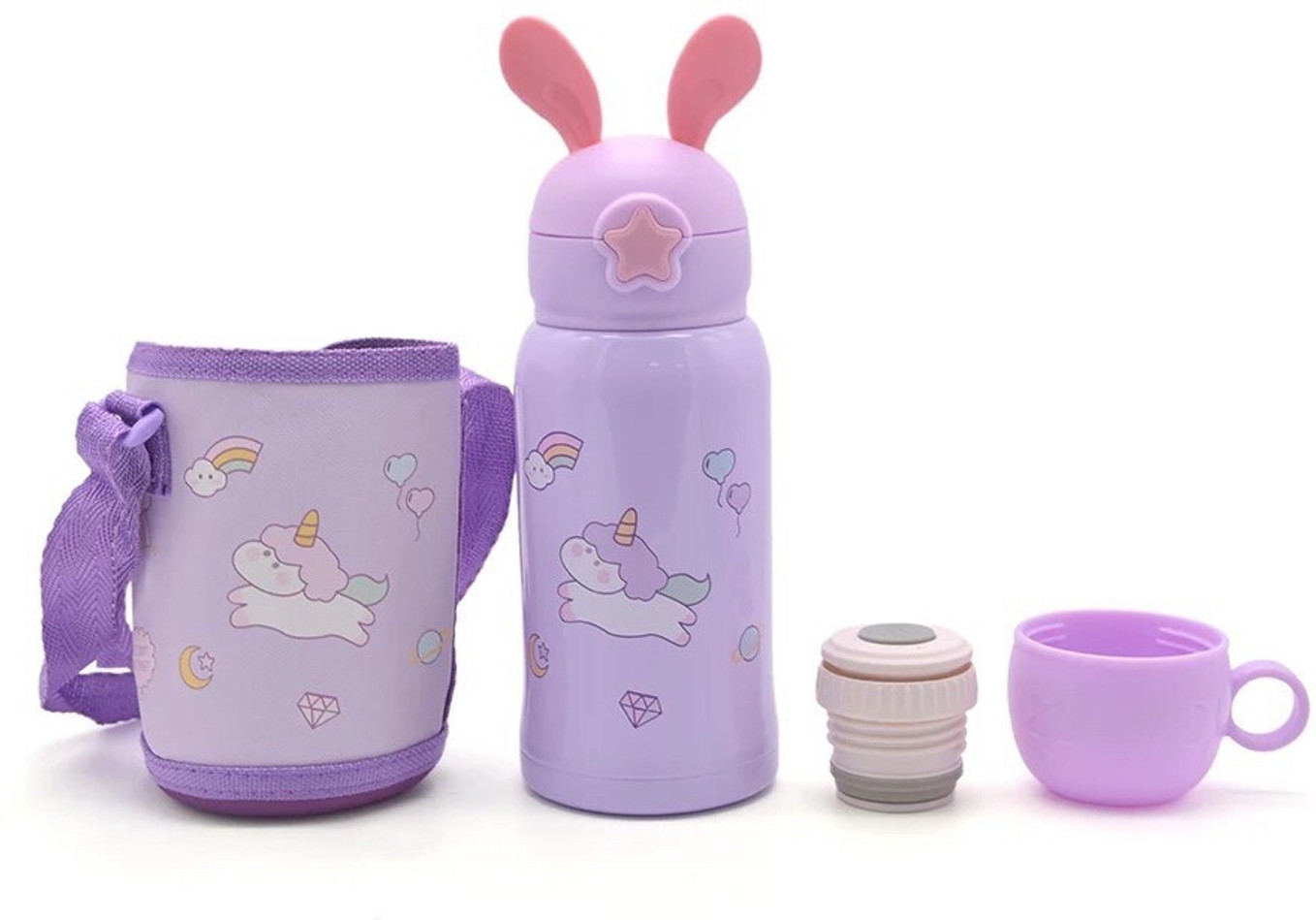 Cartoon Print Sipper Bottle with Straw & Cover for kids Stainless Steel Flask 500 ml Steel Flask (Pack of 1, Purple)