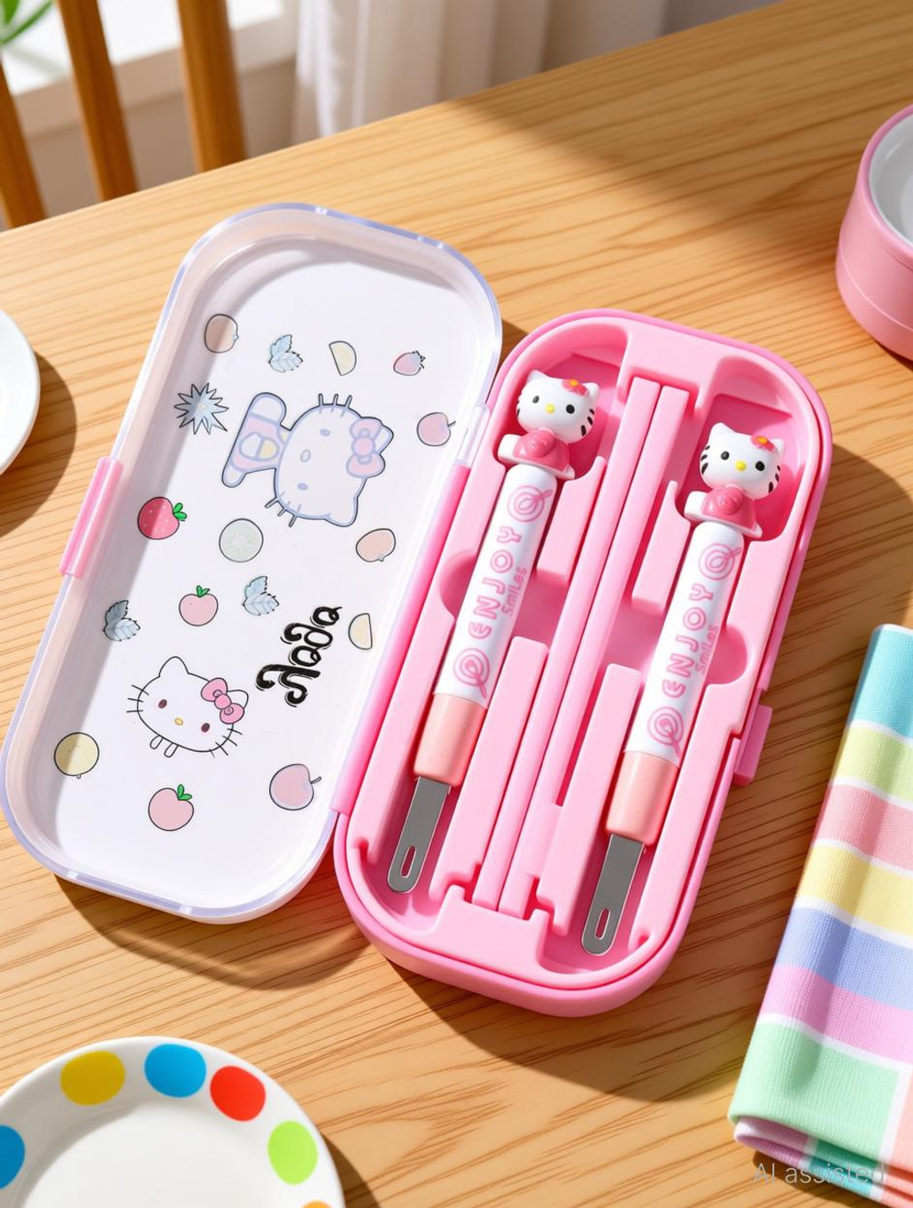 Pink Kitty Spoon, Fork and Chopsticks Cutlery Set for Kids with Box Stainless Steel Cutlery Set (Pack of 4)