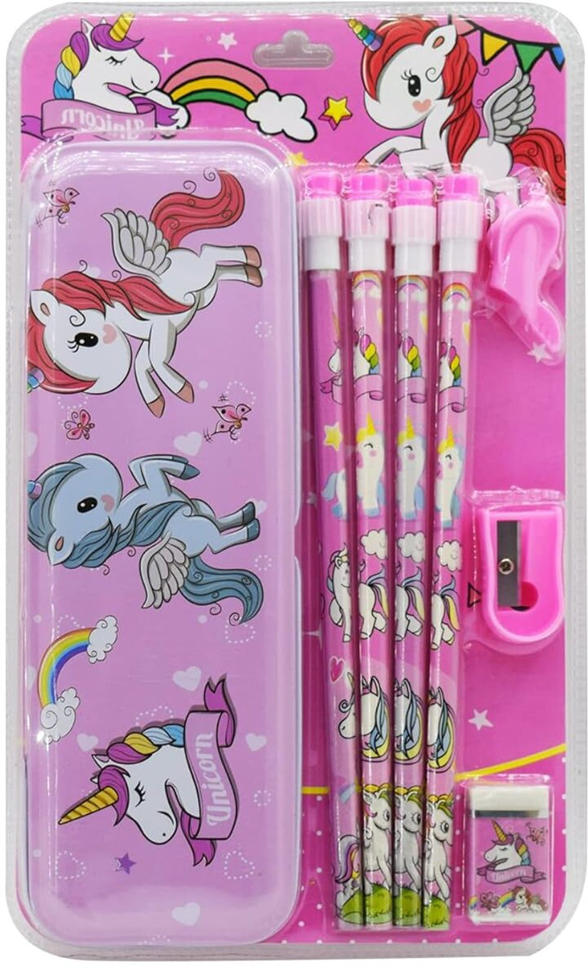Cartoon Character Pencil Box & Stationery Set Pencil (Set of 7, light pink)
