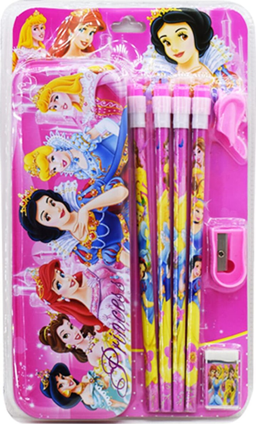 Cartoon Character Pencil Box & Stationery Set Pencil (Set of 7, Pink)