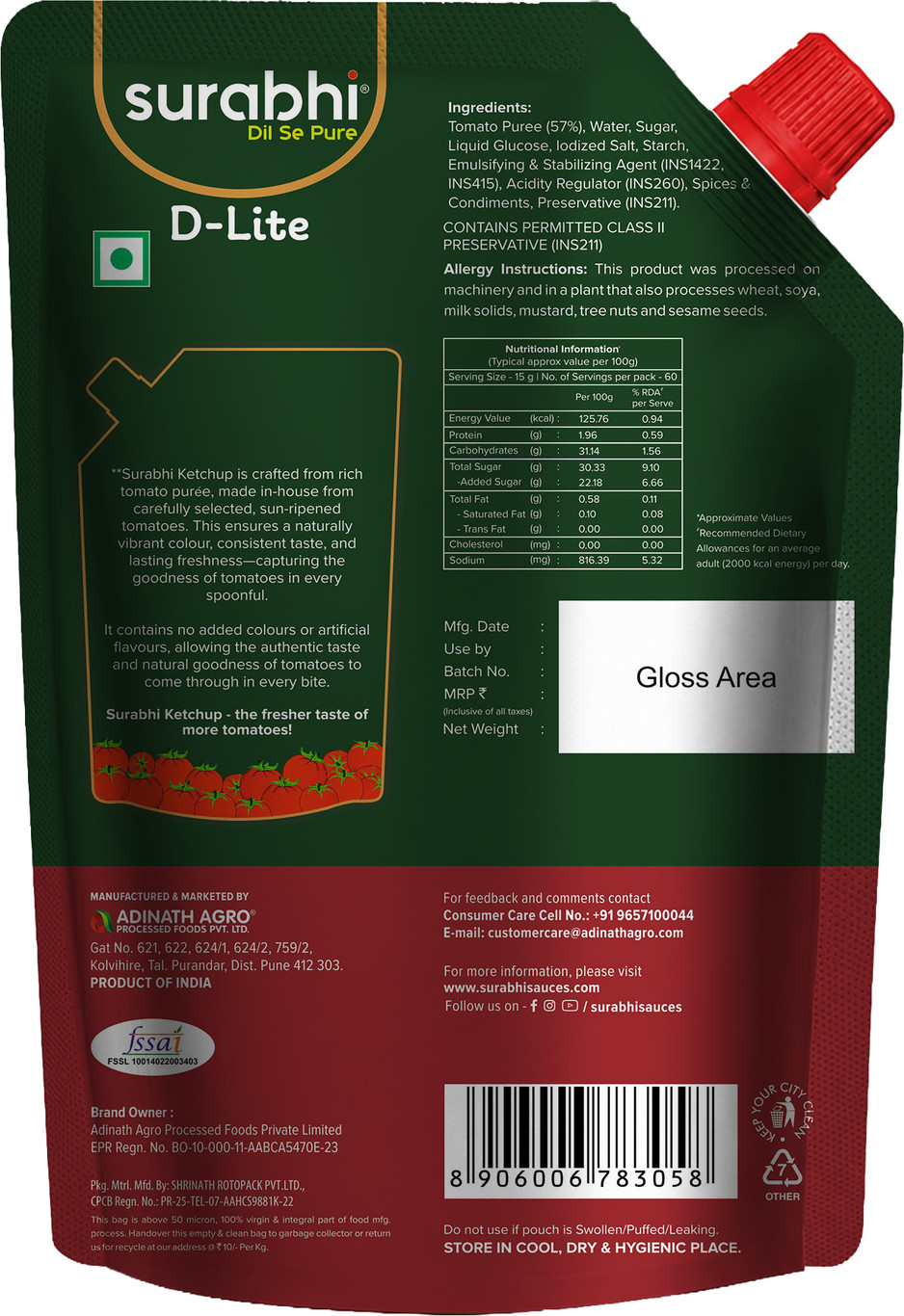 Surabhi D-Lite Tomato Ketchup (No Onion No Garlic) 900G