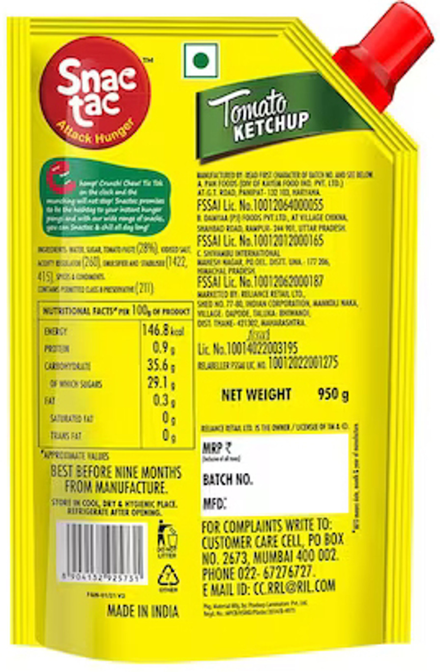 Snac Tac Tomato Ketchup 950G