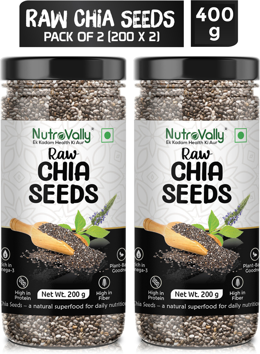NutroVally for Weight Loss with Omega 3 , Zinc and Fiber, Calcium Rich Chia Seeds (2 x 200 g