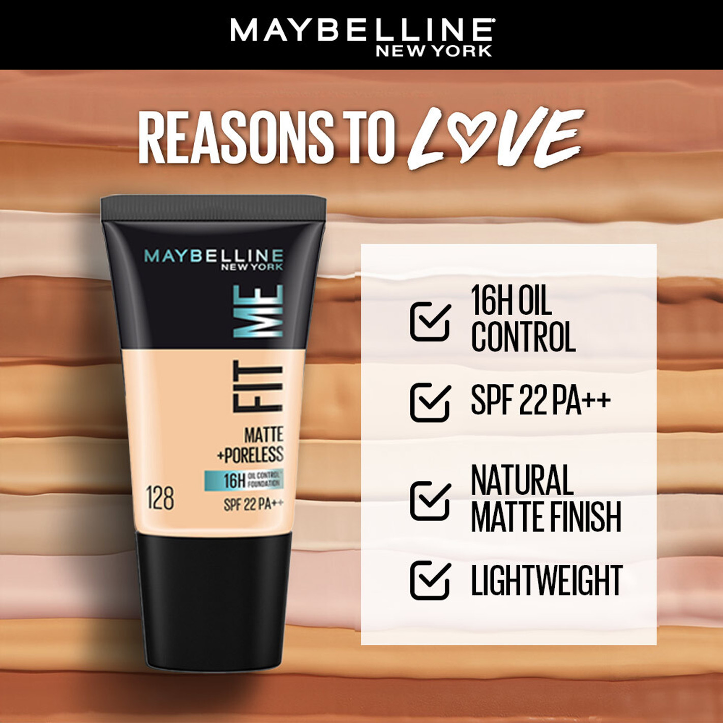 MAYBELLINE NEW YORK Fit Me Matte+Poreless Liquid Tube Foundation (128 Warm Nude, 18 ml)