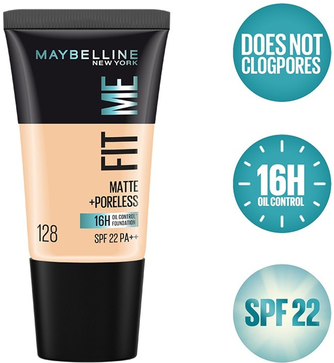 MAYBELLINE NEW YORK Fit Me Matte+Poreless Liquid Tube Foundation (128 Warm Nude, 18 ml)