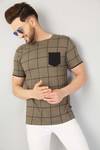 RodZen Men Checkered Round Neck Pure Cotton Brown T-Shirt