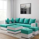Torque Steffan L Shape 8 Seater Sofa Set with Centre Table and 2 Puffy (LHS, Aqua Blue) Fabric 8 Seater  Sofa
