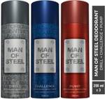 DENVER Combo of Man Of Steel Drill + Challenge + Pump Long lasting Deodorant Spray – For Men  (600 ml, Pack of 3)
