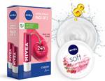 NIVEA Cherry Fruity Shine Lipbalm + Soft Light Moisturizing Cream Berry Blossom Cherry/Berry  (Pack of: 3, 209.6 g)