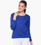 HouseOfCommon Women Solid Round Neck Cotton Blend Blue T-Shirt