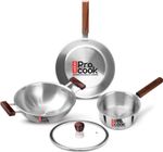 MILTON Procook Triply Stainless Steel 4pc with Wood Handle Saucepan Frypan Kadhai & lid Induction Bottom Cookware Set (Stainless Steel, 4 – Piece)