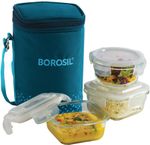 BOROSIL Teal Bag, 3 Pc (320 ml x 2 + 240ml x 1 ), Office Tiifin 3 Containers Glass Office Lunch Box (880 ml)