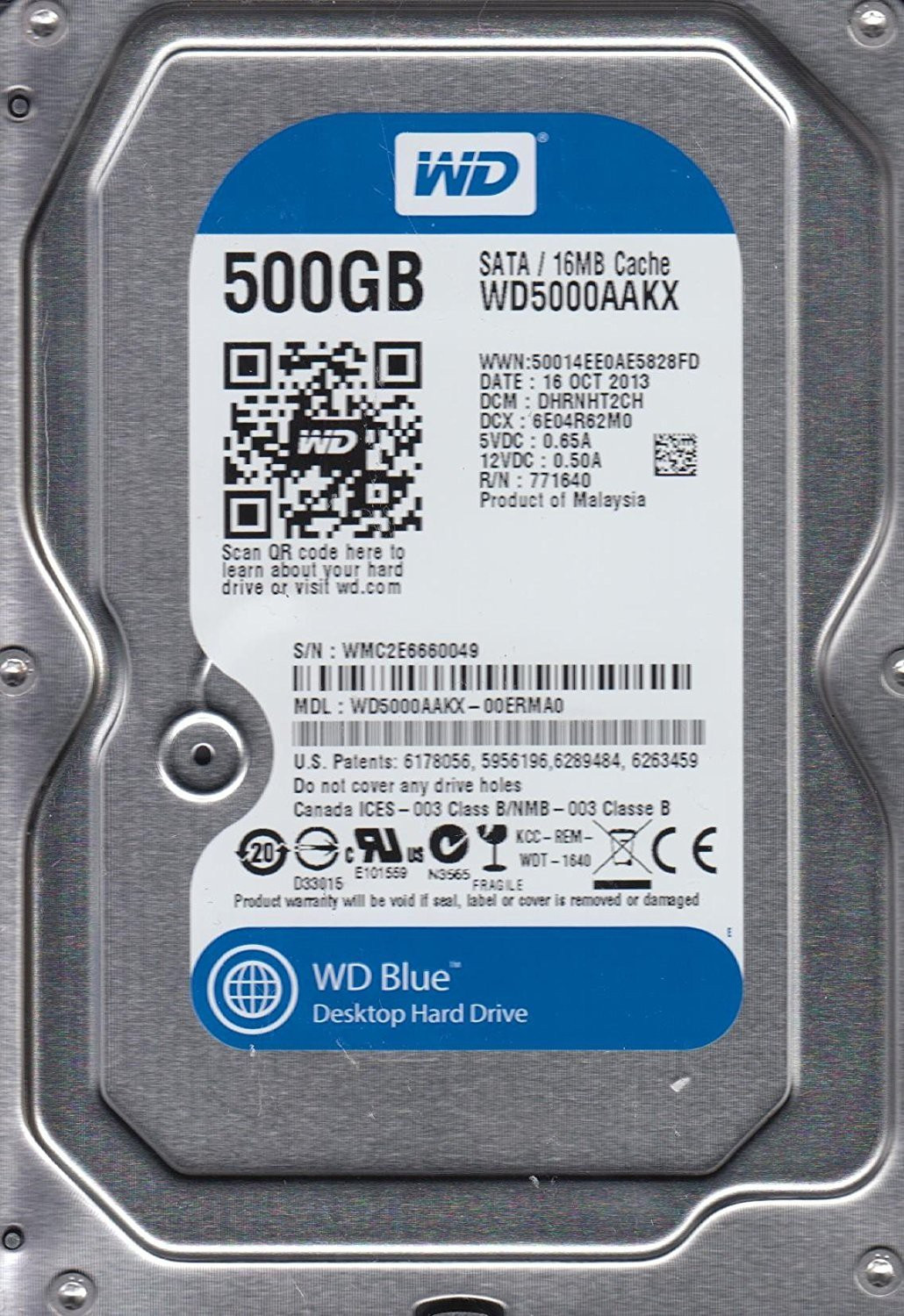 Image of WD Blue 500 GB Desktop Silver SATA III Internal Hard Disk Drive (HDD) (WD5000AAKX) (Interface: SATA III, Form Factor: 3.5 Inch)