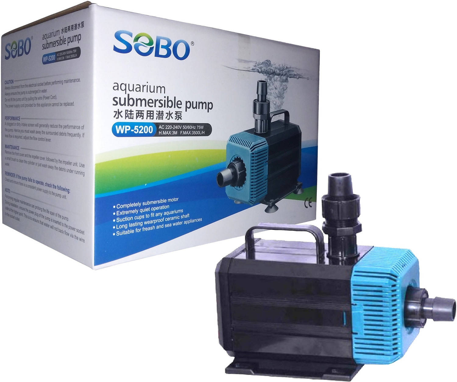 Image of SOBO Submersible Pump WP-5200 (Pack of 1) | Power: 75W (Flow MAX: 3500L /Hr | Height MAX: 3 Meters) | Water Aquarium Pump (270 cm)