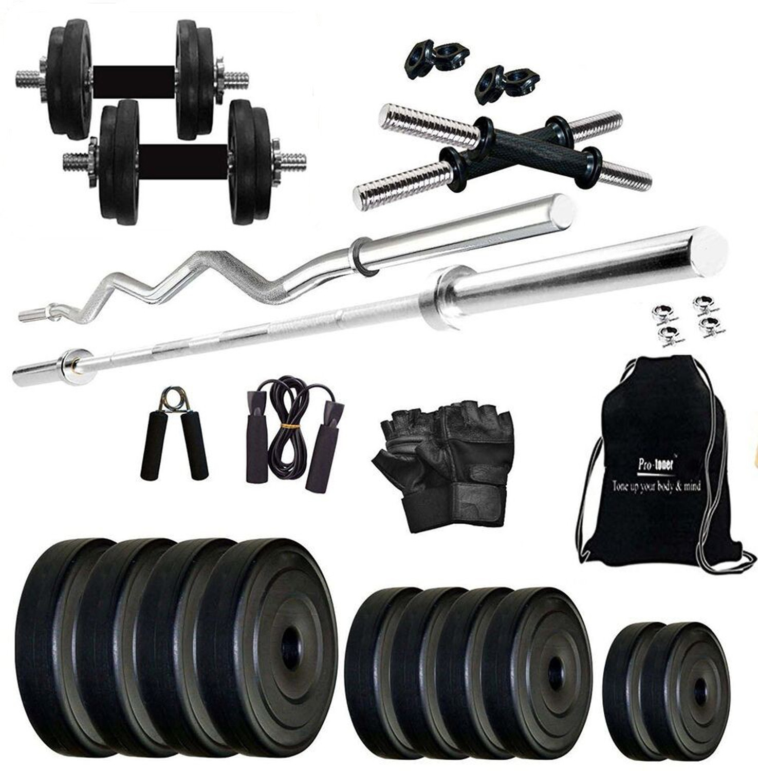 Image of STARX 32 kg Pure Rubber weight Plates with 5ft Straight Rod and Accessories Home Gym Combo