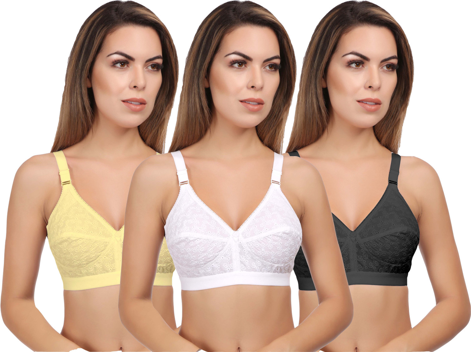Image of Eve's Beauty Pack of 3 Women Full Coverage Bra (White, Black, Beige)