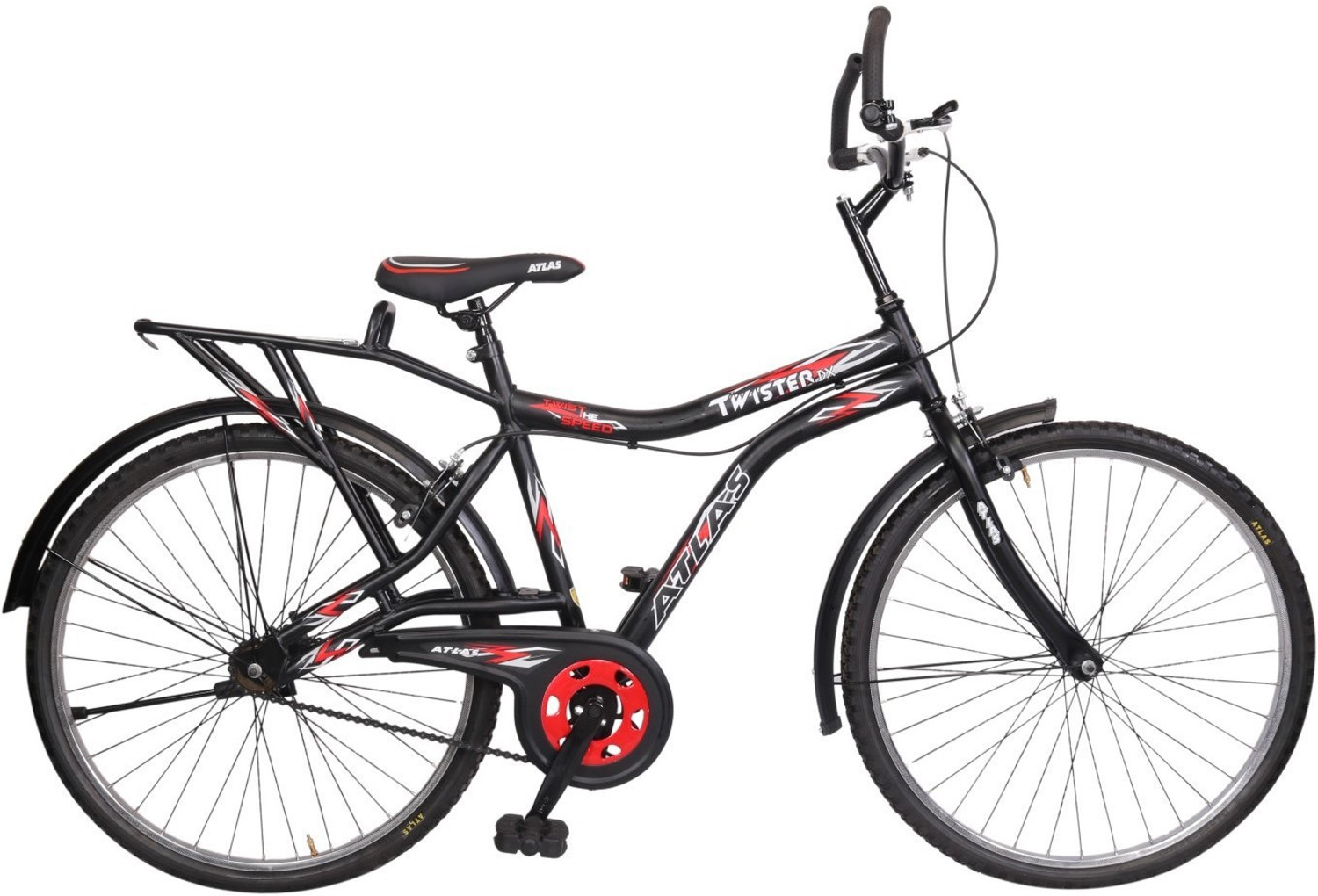 Image of ATLAS Twister Deluxe Bike For Adults Matt Black&Red 26 T (inch) Mountain Cycle (Single Speed, Multicolor, Rigid)
