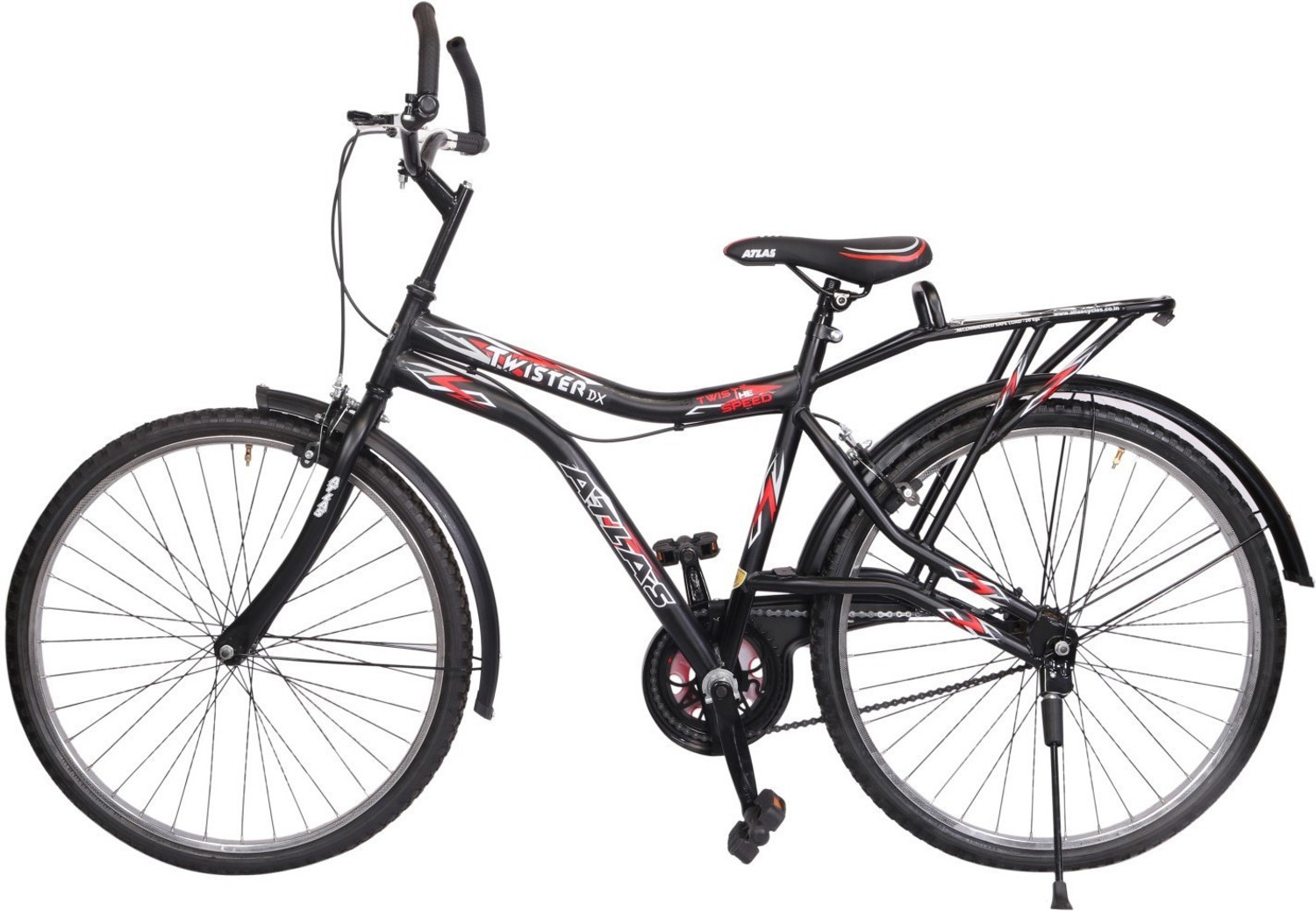 Image of ATLAS Twister Deluxe Bike For Adults Matt Black&Red 26 T (inch) Mountain Cycle (Single Speed, Multicolor, Rigid)