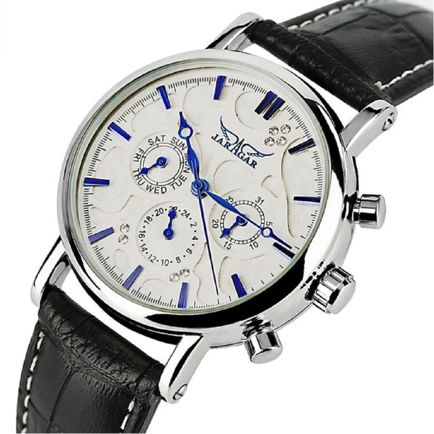Image of JARAGAR Luxury Unisex Genuine Men Mechanical Automatic White 3D dial Diamond Blue Hands 24 Hour Week Date Wrist Analog Watch - For Men & Women JAG6348