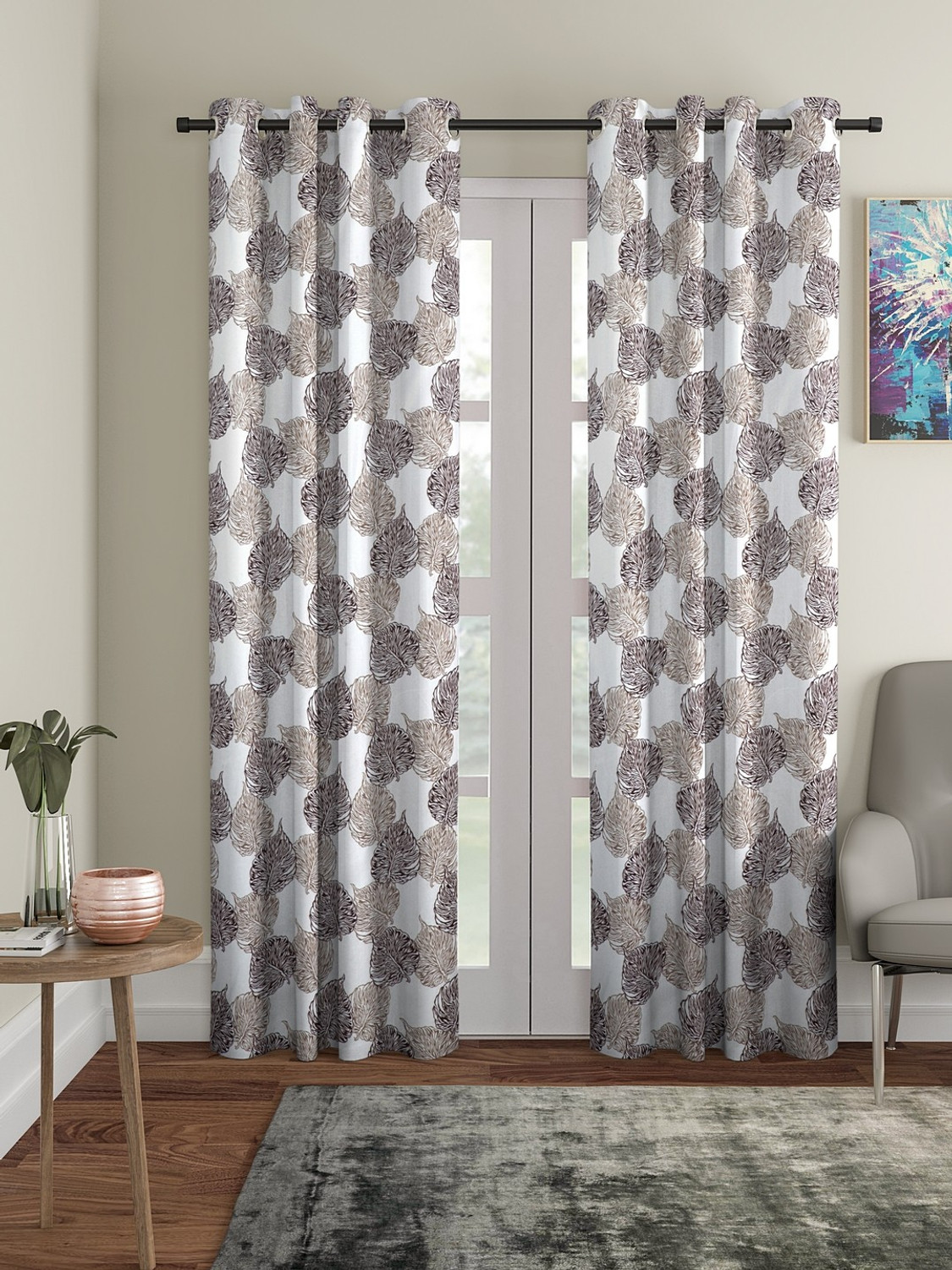 Image of Cortina 270 cm (9 ft) Long Door Polyester Semi Transparent Curtain (Pack Of 2) (Grey, Floral)