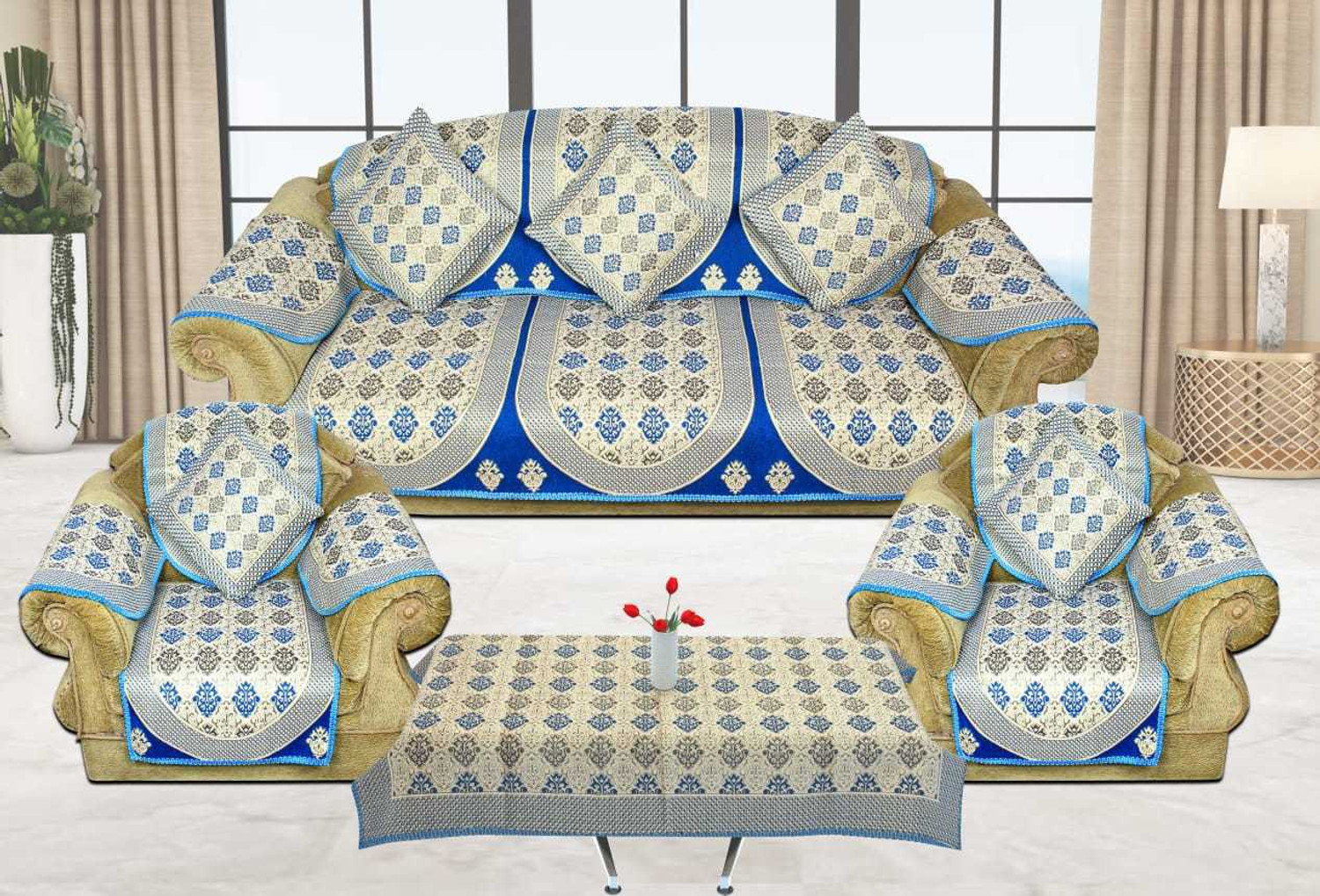 Image of Luxury Crafts Cotton 3+1+1 Seater Sofa Abstract Cover (Pack of 18 Blue)