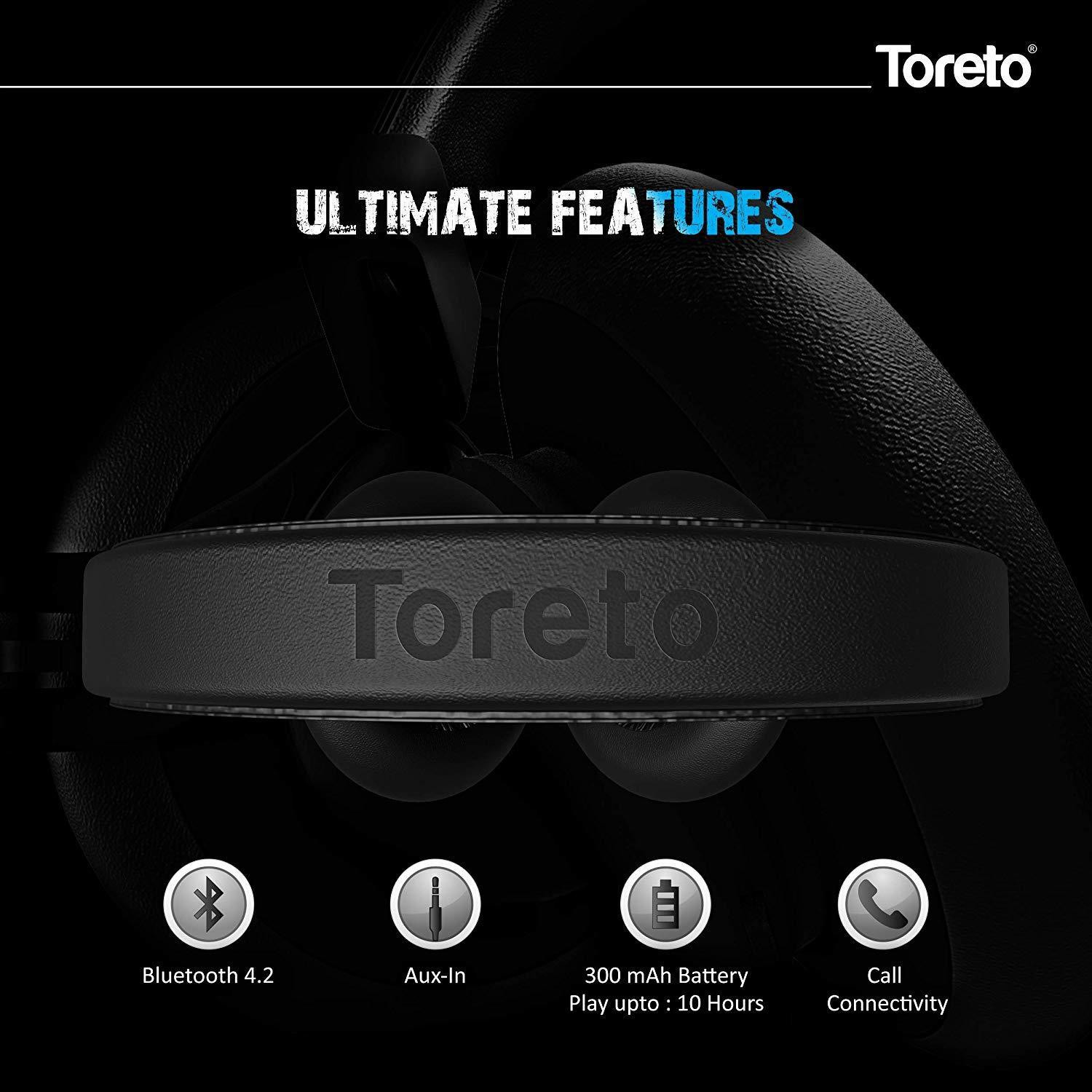 Image of Toreto Thunder PRO inchBlack On Ear Bluetooth Headphones with Extra Bass Bluetooth Headset (Black, On the Ear)