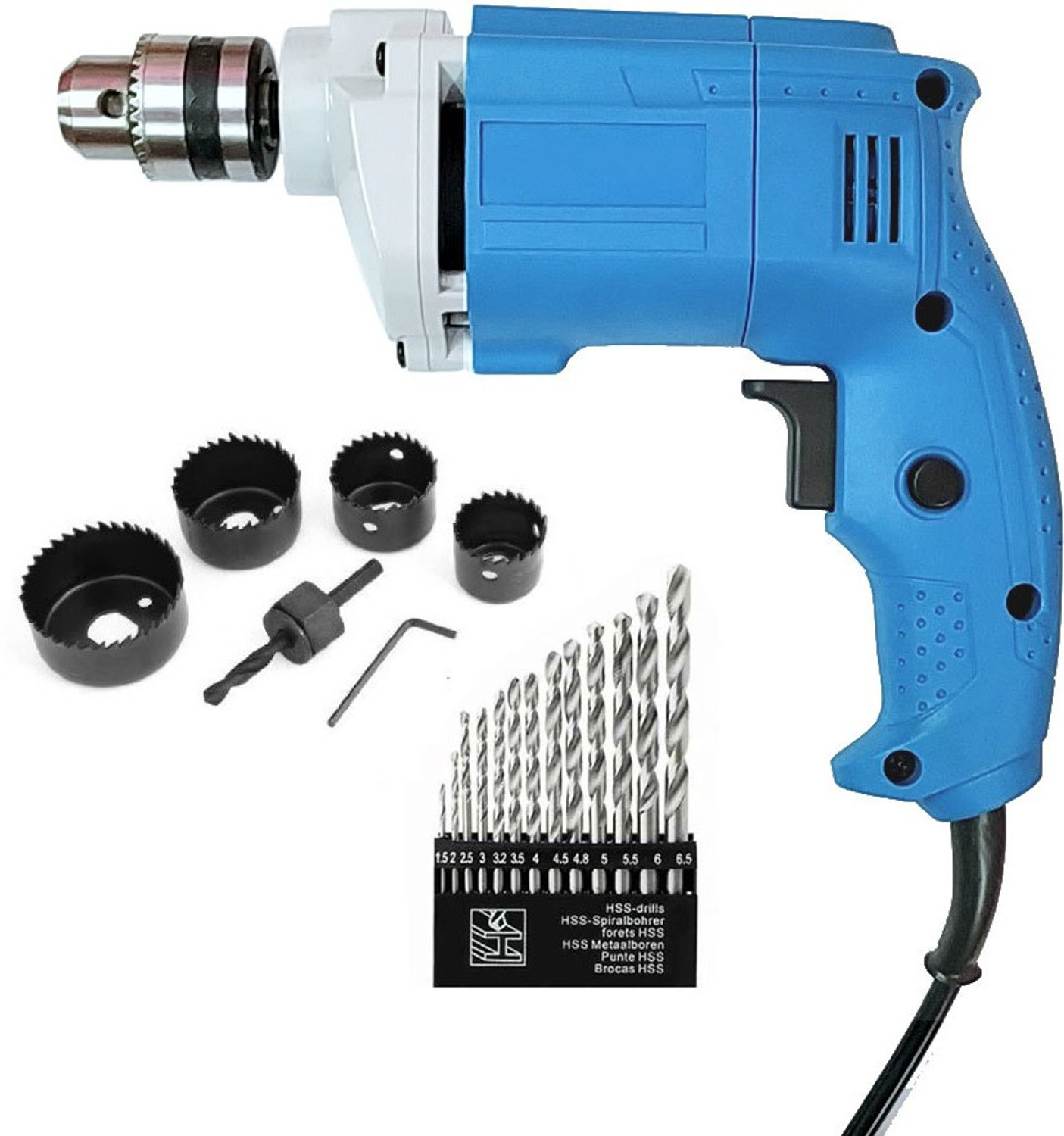 ISC SC 2310 10mm Stylish 400W Powerful Electric Drill Machine With 13 HSS Drill Bit Set + 6 Pcs Wood Holesaw Drill Bit Pistol Grip Drill