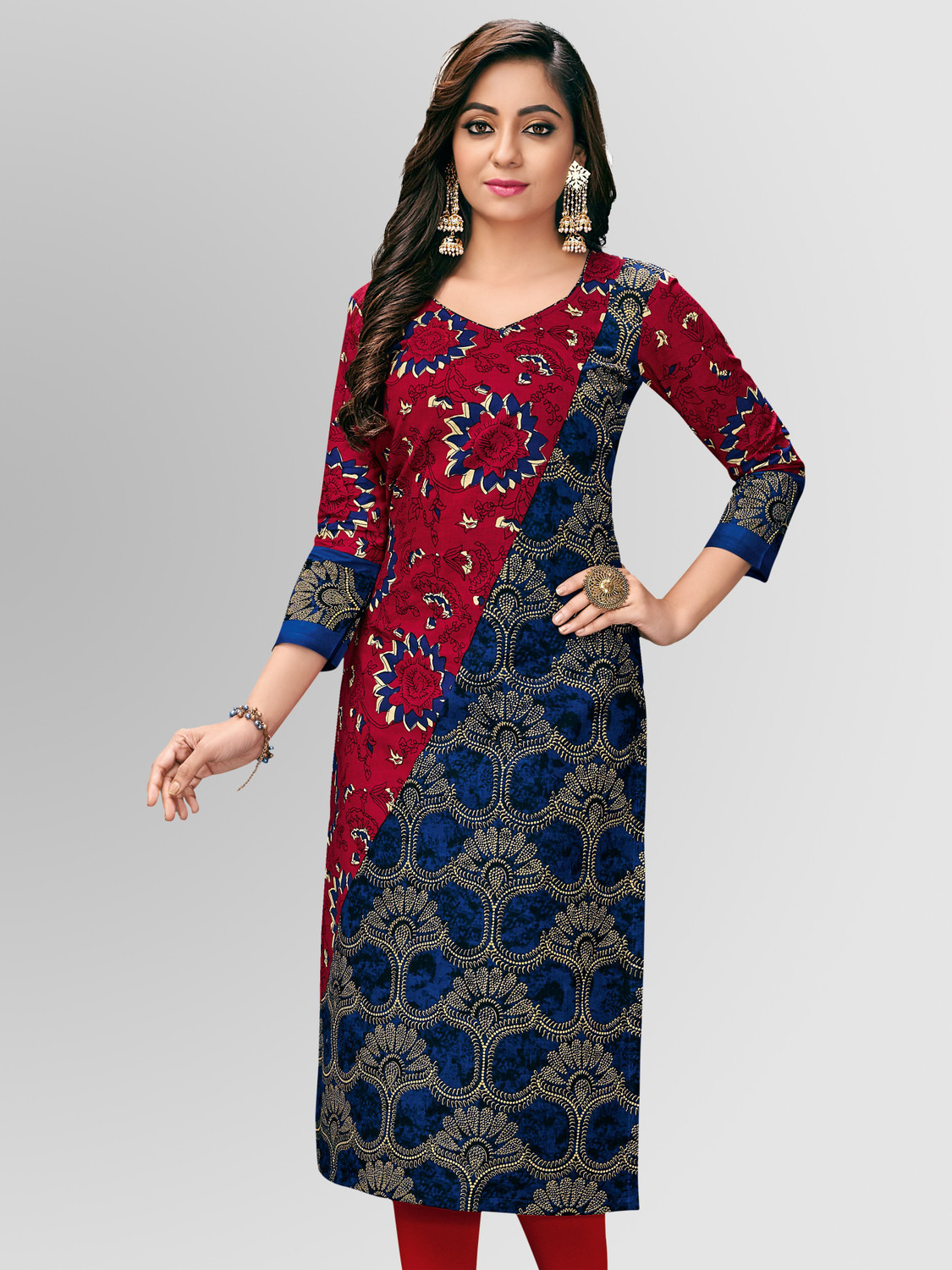 Image of VBUYZ Printed Viscose Rayon A-line Kurta for Women (Blue, Pink)