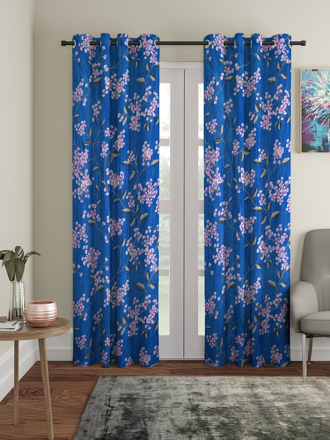 Image of Cortina 270 cm (9 ft) Long Door Polyester Semi Transparent Curtain (Pack Of 2) (Grey, Floral)