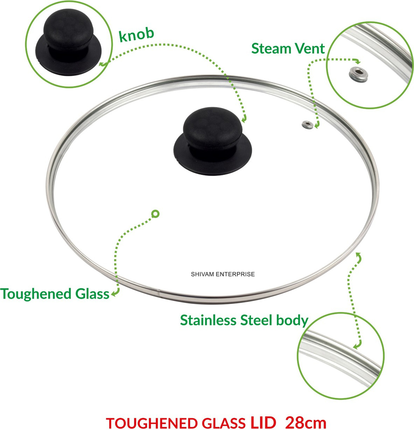 Image of KANDARPURIA 28 cm Long Lasting Glass Lid, Glass Lid for Kadai, cookware lid 11 inch Lid, Pack of 1 (Glass)