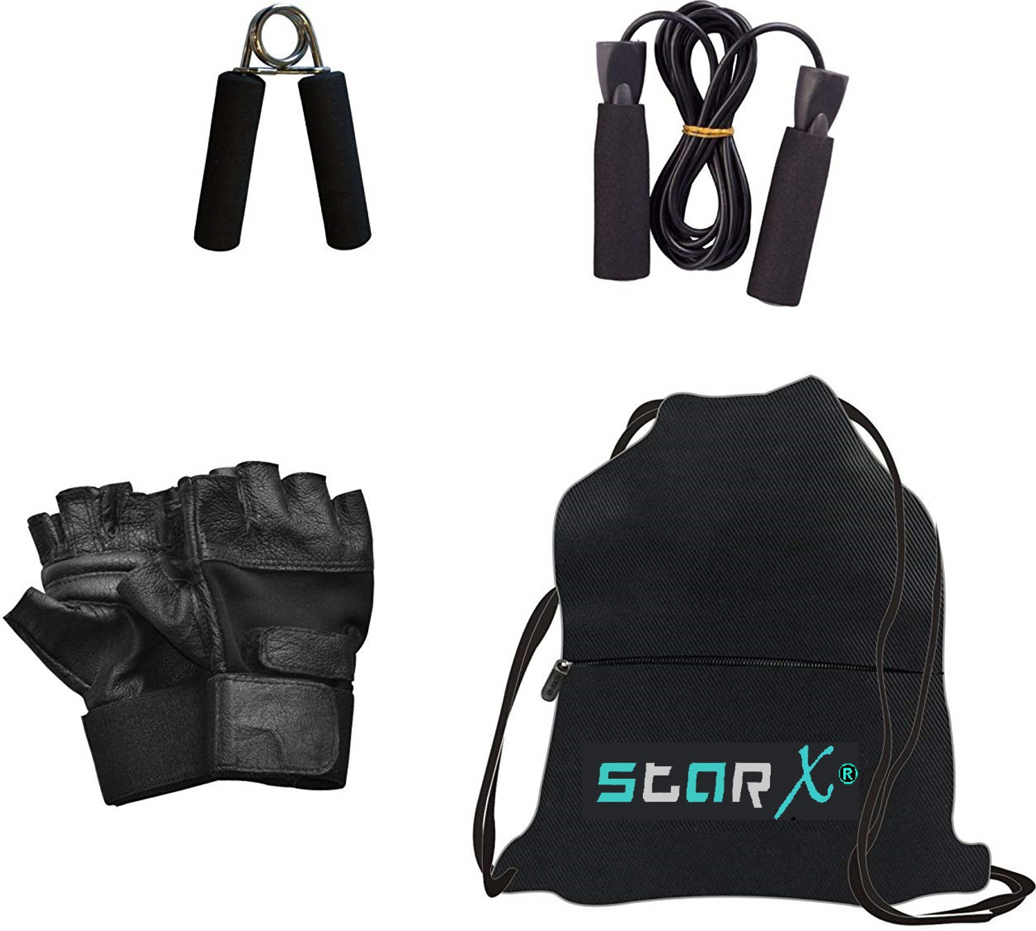 Image of STARX 32 kg Pure Rubber weight Plates with 5ft Straight Rod and Accessories Home Gym Combo
