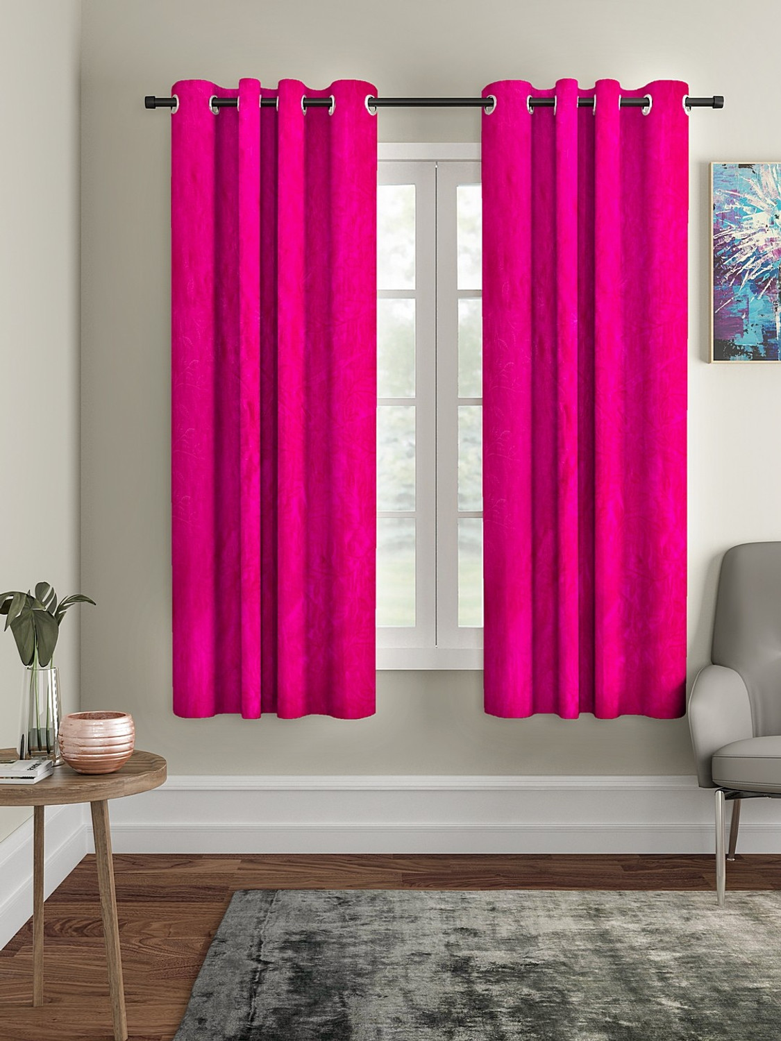 Image of Cortina 270 cm (9 ft) Long Door Polyester Semi Transparent Curtain (Pack Of 2) (Grey, Floral)