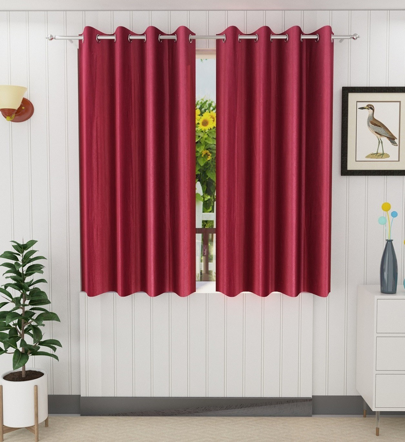 Image of GCPL 153 cm (5 ft) Window Cotton Blackout Curtain (Pack Of 2) (Maroon, Self Design)
