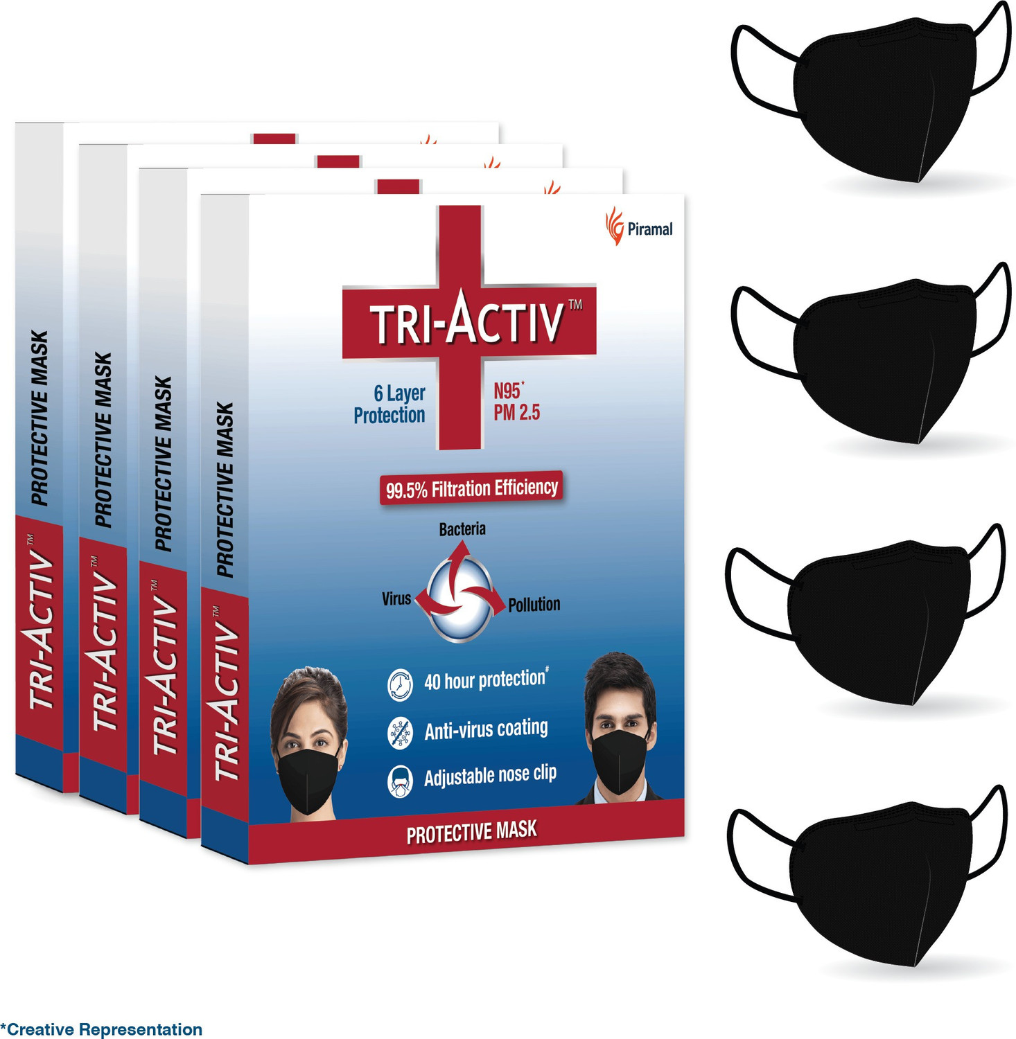Image of Tri-Activ 6 Layer Protective Mask, PM2.5 / N95 Tested as per NIOSH standard, Anti-Virus Coating, 99.5% Filtration Efficiency, Adjustable Nose Clip, Reusable Cloth Mask With Melt Blown Fabric Layer (Black, Free Size, Pack of 4)